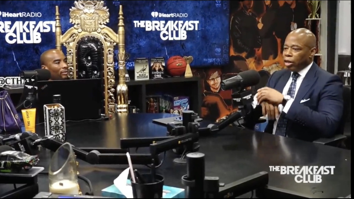 Mayor Eric Adams in an interview with Charlamagne Tha God on "The Breakfast Club" radio show. Adams was slammed during the interview by attorney and advocate Olayemi Olurin over his rhetoric around crime. Friday, March 29,2024.